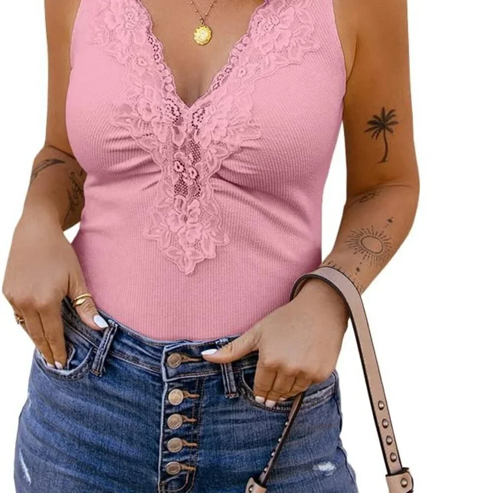 Womens Lace V Neck Tank Top Slim Fit Summer Camisole Lightweight - Picture 2 of 8